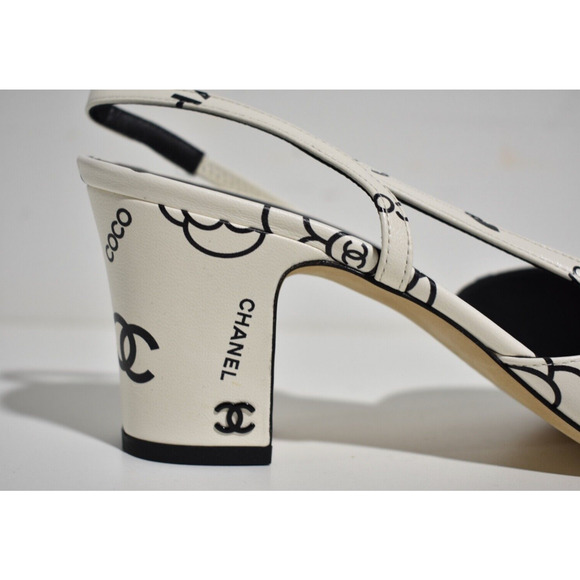 Chanel 23P Mademoisele Coco Sling White Black CC Logo Slingback Sandal Heel 37.5 - Picture 4 of 12